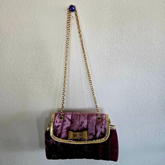 Blush Mauve Velvet Crossbody Metal Bow Shoulder Flap Bag Gold Chain Coquette - Picture 2 of 6